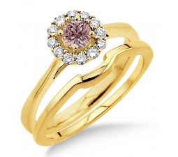 1.25 Carat Morganite & Diamond Bridal set Halo on 10k Yellow Gold