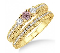 2 Carat Morganite & Diamond Antique Milgrain Bridal set on 10k Yellow Gold