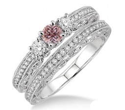 2 Carat Morganite & Diamond Antique Bridal set on 10k White Gold