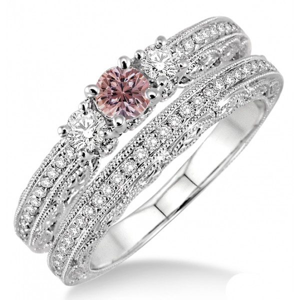 14K Rose Gold Morganite & Diamond Engagement Ring - 3 Stone Vintage Bridal, Size 6