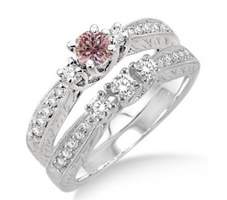 1.5 Carat Morganite & Diamond Antique Bridal set on 10k White Gold