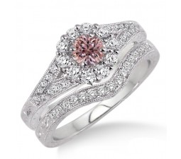 1.5 Carat Morganite & Diamond Antique Floral Bridal set on 10k White Gold