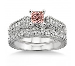2 Carat Morganite & Diamond 2.10 Carat Morganite & Diamond Antique Bridal Set Engagement Ring on 10k White Gold
