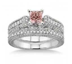 2 Carat Morganite & Diamond 2.10 Carat Morganite & Diamond Antique Bridal Set Engagement Ring on 10k White Gold