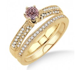 2 Carat Morganite & Diamond Antique Bridal Set Engagement Ring on 10k Yellow Gold