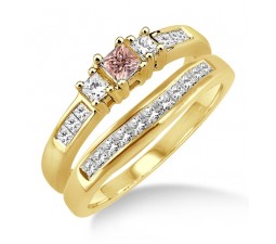 1.25 Carat Morganite & Diamond Elegant Three Stone Trilogy Round Cut Bridal set on 10k Yellow Gold