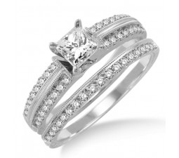 1.50 carat Antique Bridal set Ring with Princess Cut diamond in 10k White Gold