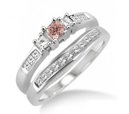 1.25 Carat Morganite & Diamond Elegant Three Stone Trilogy Round Cut Bridal set on 10k White Gold