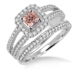 2 Carat Morganite & Diamond Antique Bridal set Halo Ring on 10k White Gold