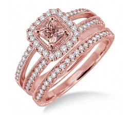 2 Carat Morganite & Diamond Antique Bridal set Halo Ring on 10k Rose Gold