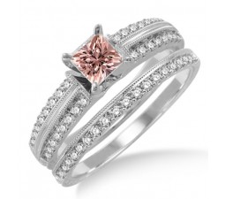 1.5 Carat Morganite & Diamond Antique Bridal set Ring on 10k White Gold
