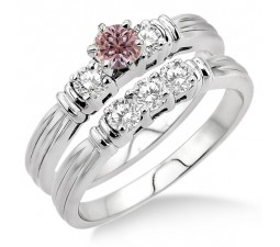 1.25 Carat Morganite & Diamond Three Stone Bridal Set on 10k White Gold