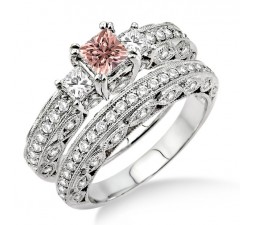 2 Carat Morganite & Diamond Antique Milgrain Trilogy Bridal set on 10k White Gold