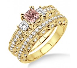 2 Carat Morganite & Diamond Antique Three Stone Bridal set on 10k Yellow Gold