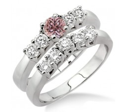 1.5 Carat Morganite & Diamond Five Stone Bridal Set on 10k White Gold