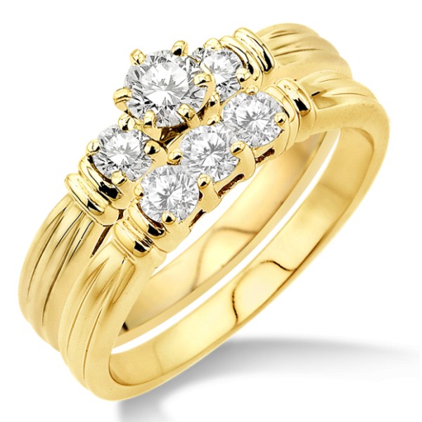 0.50 Carat Three Stone Bridal Set with Round Cut Diamond in 10k Yellow ...