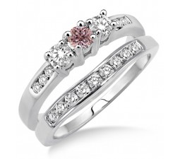 2 Carat Morganite & Diamond Elegant Three Stone Trilogy Round Cut Bridal set on 10k White Gold