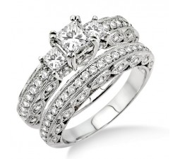 1.00 carat Antique Milgrain Trilogy Bridal set with Princess Cut diamond in 10k White Gold