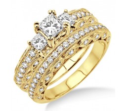 1.00 carat Antique Three Stone Bridal set with Princess Cut diamond in 10k Yellow Gold