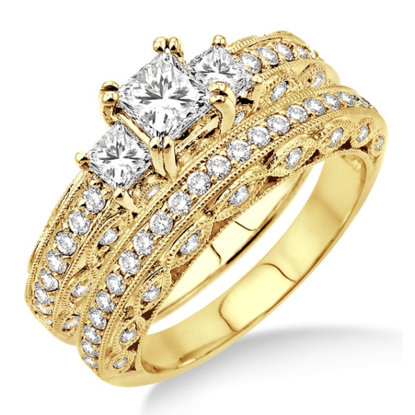 1.00 carat Antique Three Stone Bridal set with Princess Cut diamond in ...