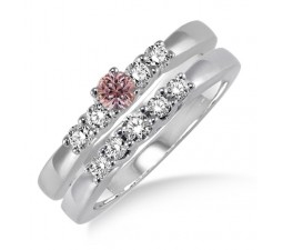 1.25 Carat Morganite & Diamond Elegant 5 stone Bridal Set on 10k White Gold