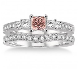 1.5 Carat Morganite & Diamond Antique Bridal set Halo Ring on 10k White Gold