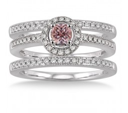 2 Carat Morganite & Diamond Trio set Halo Ring on 10k White Gold