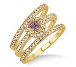 2 Carat Morganite & Diamond Trio set Halo Ring on 10k Yellow Gold