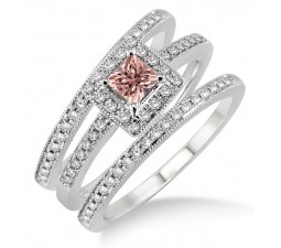 2 Carat Morganite & Diamond Trio set Halo Ring on 10k White Gold