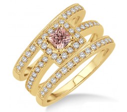 2 Carat Morganite & Diamond Trio set Halo Ring with Princes Cut diamond on 10k Yellow Gold