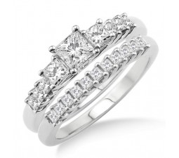1.00 Carat Elegant Three Stone Bridal Set with Princess Cut Diamond in 10k White Gold