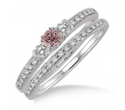 1.5 Carat Morganite & Diamond Three Stone Bridal Set on 10k White Gold