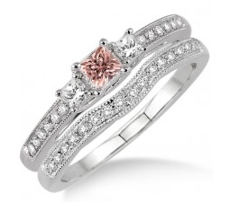 1.5 Carat Morganite & Diamond Three Stone Bridal Set on 10k White Gold