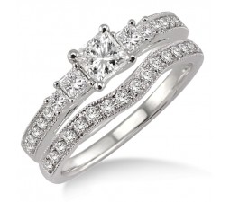 2.00 carat Antique Bridal set Halo Ring with Princess Cut diamond in 10k White Gold