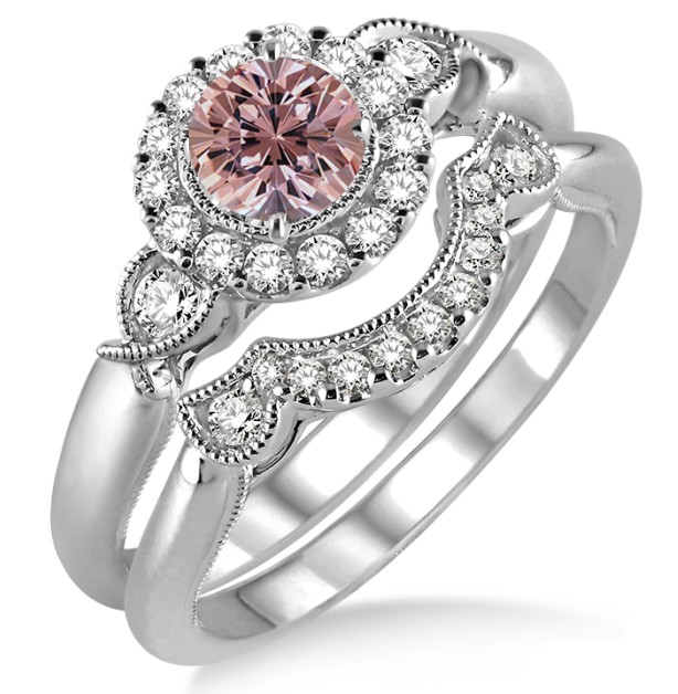 10K Rose Gold Morganite & Diamond 3 Stone Engagement Ring - Swirl Halo Bridal Ring Size 7