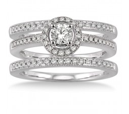 2.00 carat Antique Trio set Halo Ring with Round Cut diamond in 10k White Gold