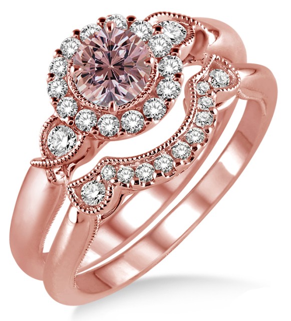 1.25 Carat Morganite Diamond Antique Three Stone Flower Halo Bridal Set on 10k Rose Gold JeenJewels