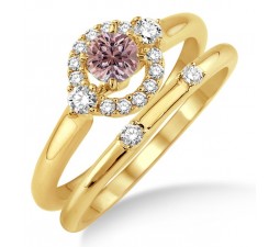 1.25 Carat Morganite & Diamond Elegant Flower Halo Bridal Set on 10k Yellow Gold