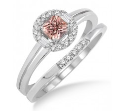 1.25 Carat Morganite & Diamond Elegant Halo Bridal Set on 10k White Gold