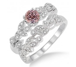 1.25 Carat Morganite & Diamond Antique Flower Bridal Set on 10k White Gold