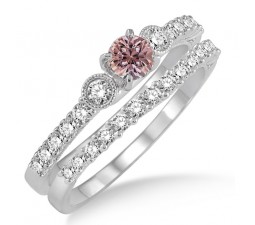 1.5 Carat Morganite & Diamond Antique Three Stone Bridal Set on 10k White Gold