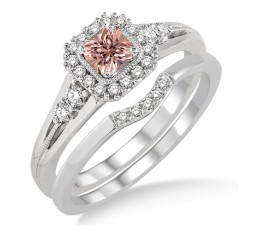 1.5 Carat Morganite & Diamond Bridal Set Halo Engagement Ring Bridal Set on 10k White Gold