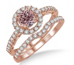 1.5 Carat Morganite & Diamond Antique Floral Halo Bridal set on 10k Rose Gold