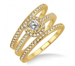 2.00 carat Antique Trio set Halo Ring with Round Cut diamond in 10k Yellow Gold
