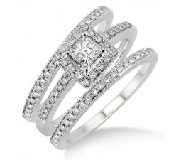 2.00 carat Antique Trio set Halo Ring with Princess Cut diamond in 10k White Gold