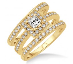 2.00 carat Antique Trio set Halo Ring with Princes Cut diamond in 10k Yellow Gold