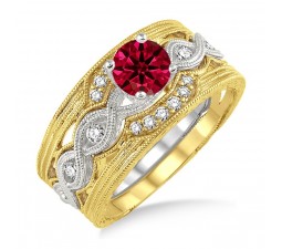 1.25 Carat Ruby & Diamond Vintage Trio Bridal Set Engagement Ring  on 10k White Gold