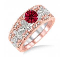 1.5 Carat Ruby & Diamond Vintage Trio Bridal Set Engagement Ring  on 10k White Gold