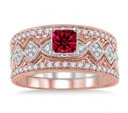 2 Carat Ruby & Diamond Antique Trio Bridal Set Engagement Ring  on 10k White Gold