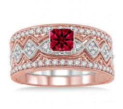 2 Carat Ruby & Diamond Antique Trio Bridal Set Engagement Ring  on 10k White Gold